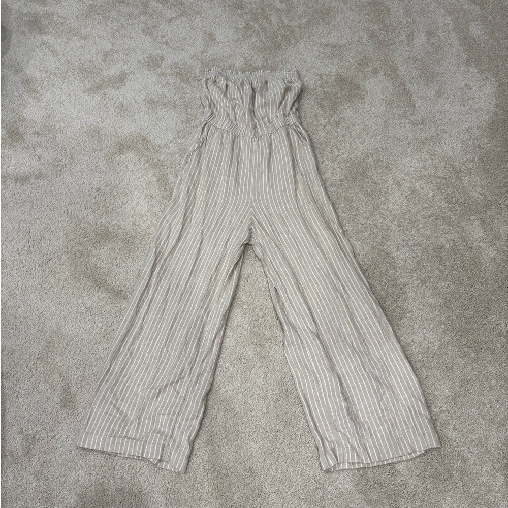 Abercrombie & Fitch Striped White and Tan Elastic Waistband Romper
